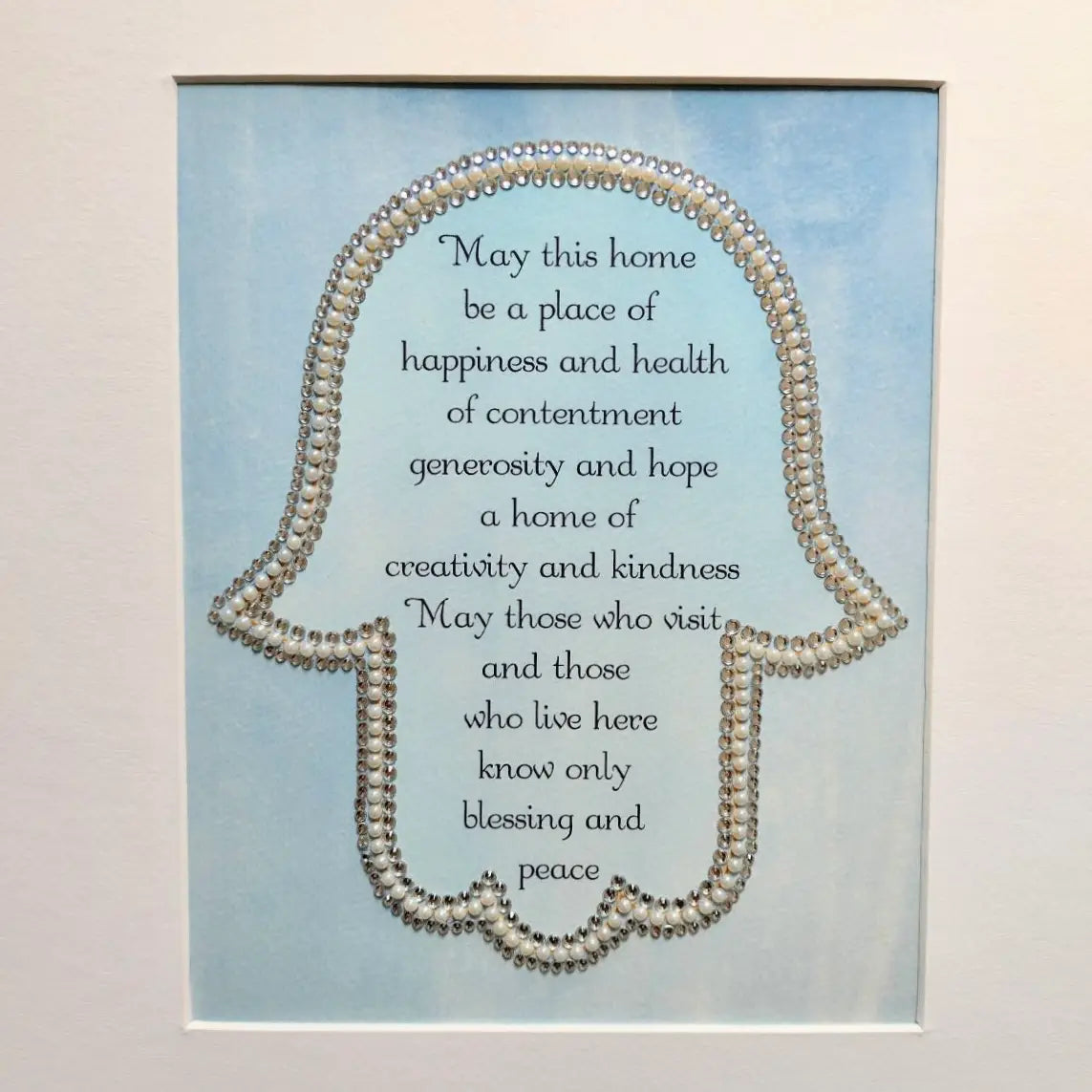 Blue Hamsa Home Blessing Wall Art | Framed Judaica Decor | Pearl Hand-Embellished Jewish Home Gift | 17” x 13”