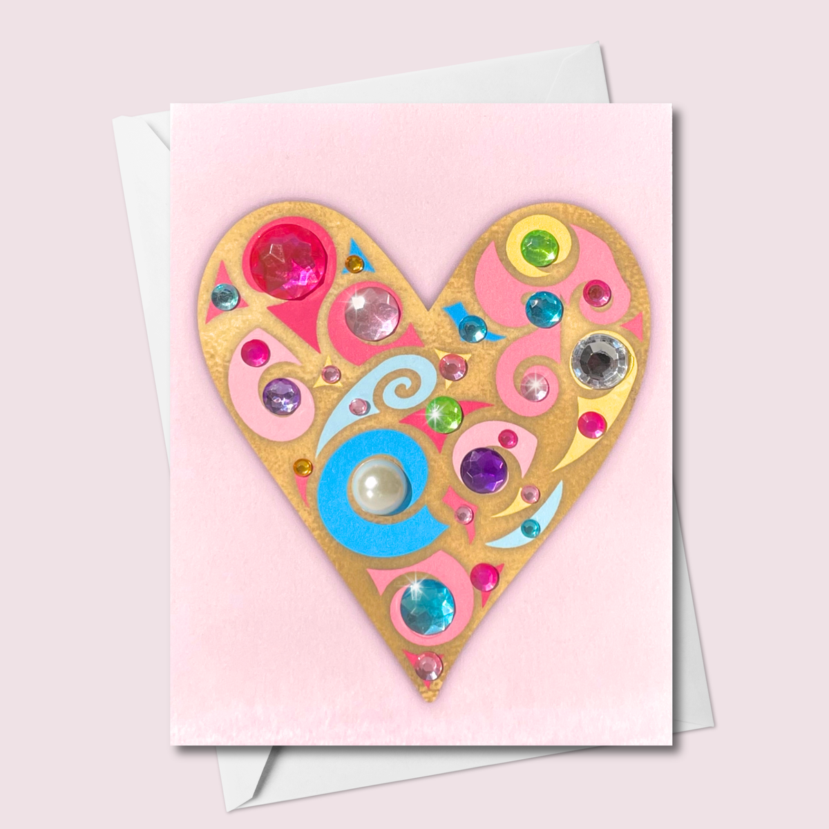 Whimsical Jewelled Pink Heart Greeting Card – Colourful Crystals, Pearls & Gold