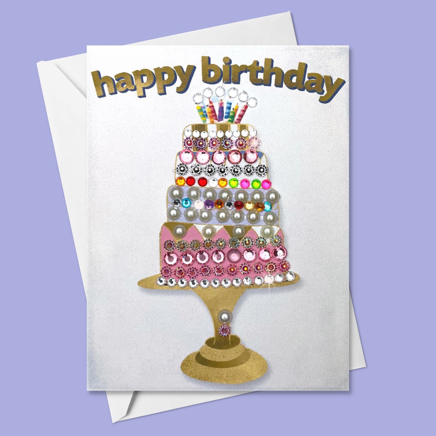 Happy Birthday Tiered Celebration Cake Card – Rainbow Gems & Pearls on Gold Stand | Blank Inside | Handmade in Canada