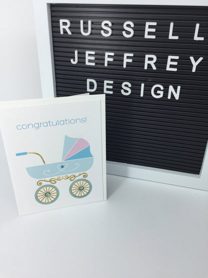 Congratulations! Blue Stroller Baby Greeting Card
