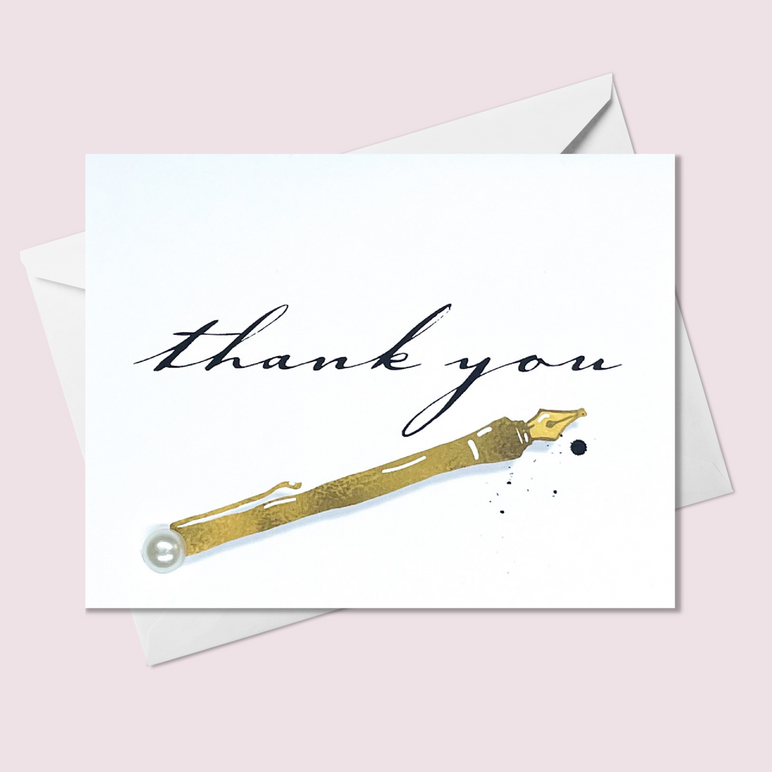 Thank You greeting card featuring a gold pen with sparkling details