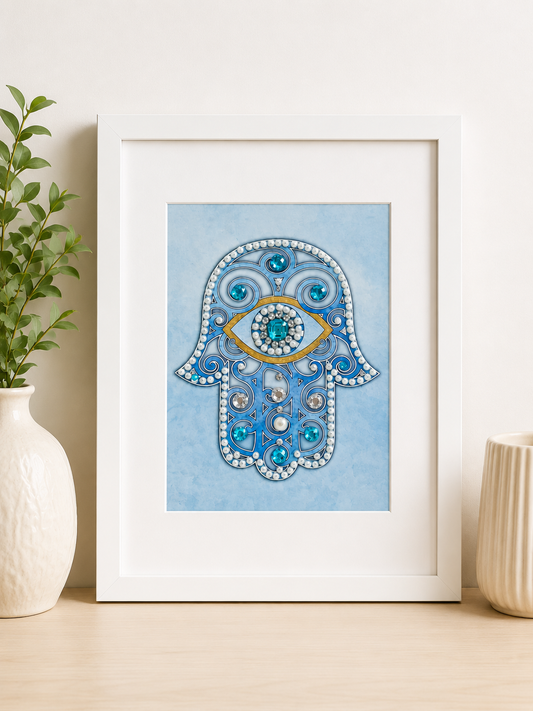 Blue Evil Eye Hamsa Wall Art | Framed Hand-Embellished Judaica Decor | Protection Wall Hanging | 17” x 13”