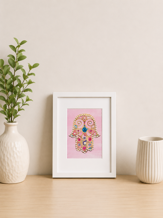 Pink Hamsa Wall Art 8” x 10” | Framed Hand-Embellished Judaica Decor | Feminine Jewish Home Gift | Ready to Hang