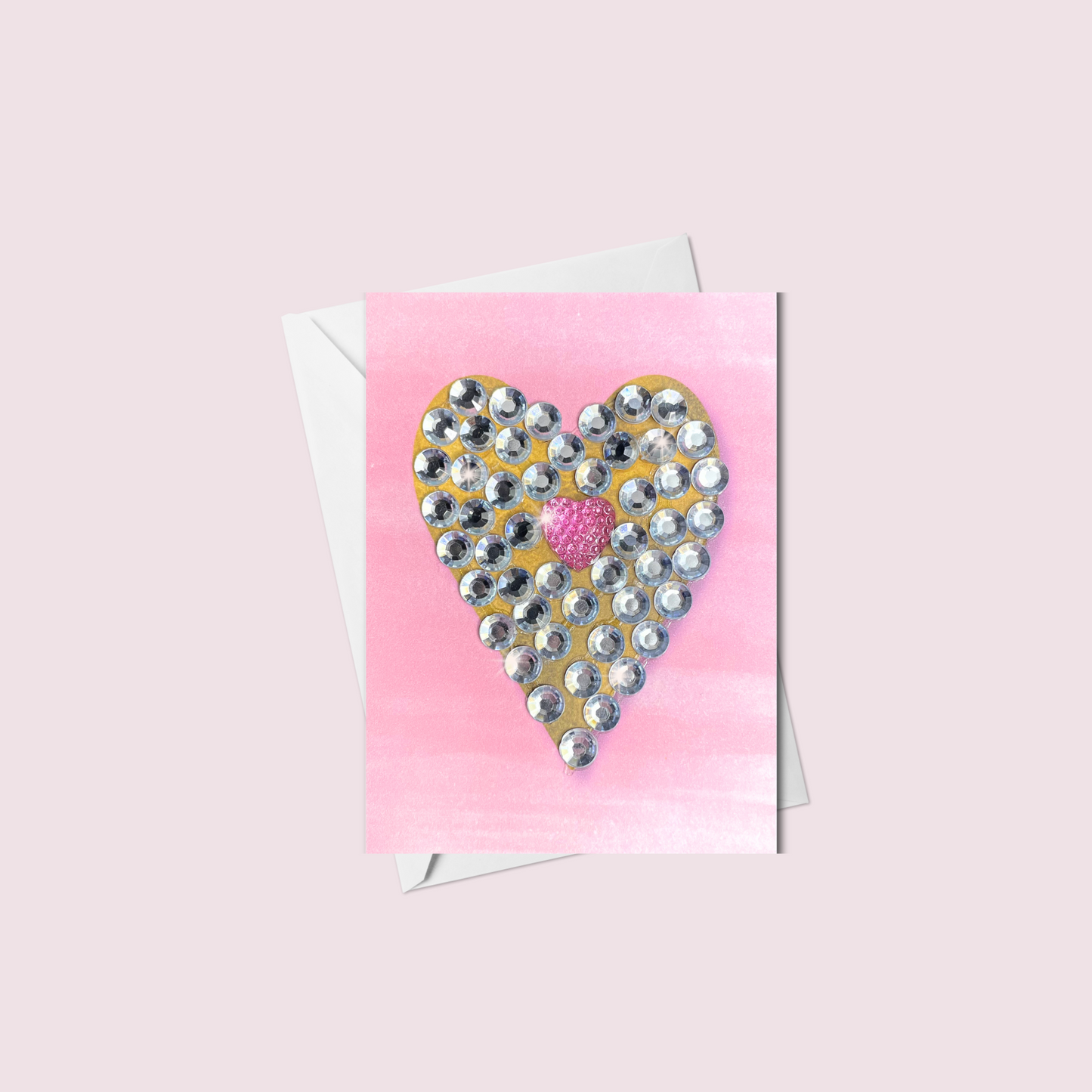 Mini Gold Sparkly Heart on Pink Watercolour Background Greeting Card