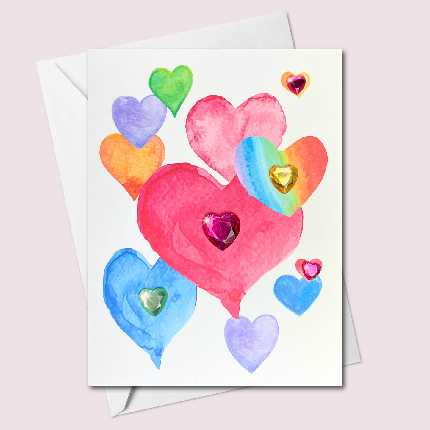 Embellished Watercolor Heart Greeting Card - Handmade Valentine or Love Note