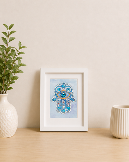 Blue Evil Eye Hamsa Wall Art 8” x 10” | Framed Hand-Embellished Judaica Decor | Protection Gift | Ready to Hang