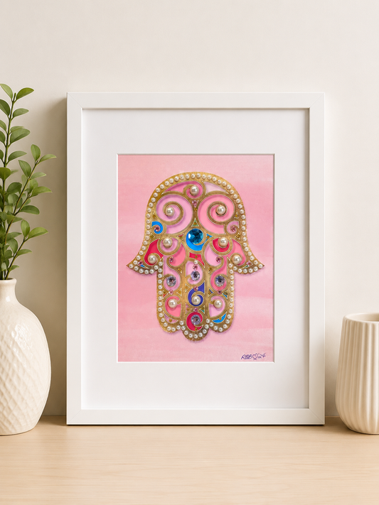 Pink Hamsa Wall Art Framed Print | Hand-Embellished Judaica Decor | Feminine Jewish Home Decor | 17” x 13” Ready to Hang