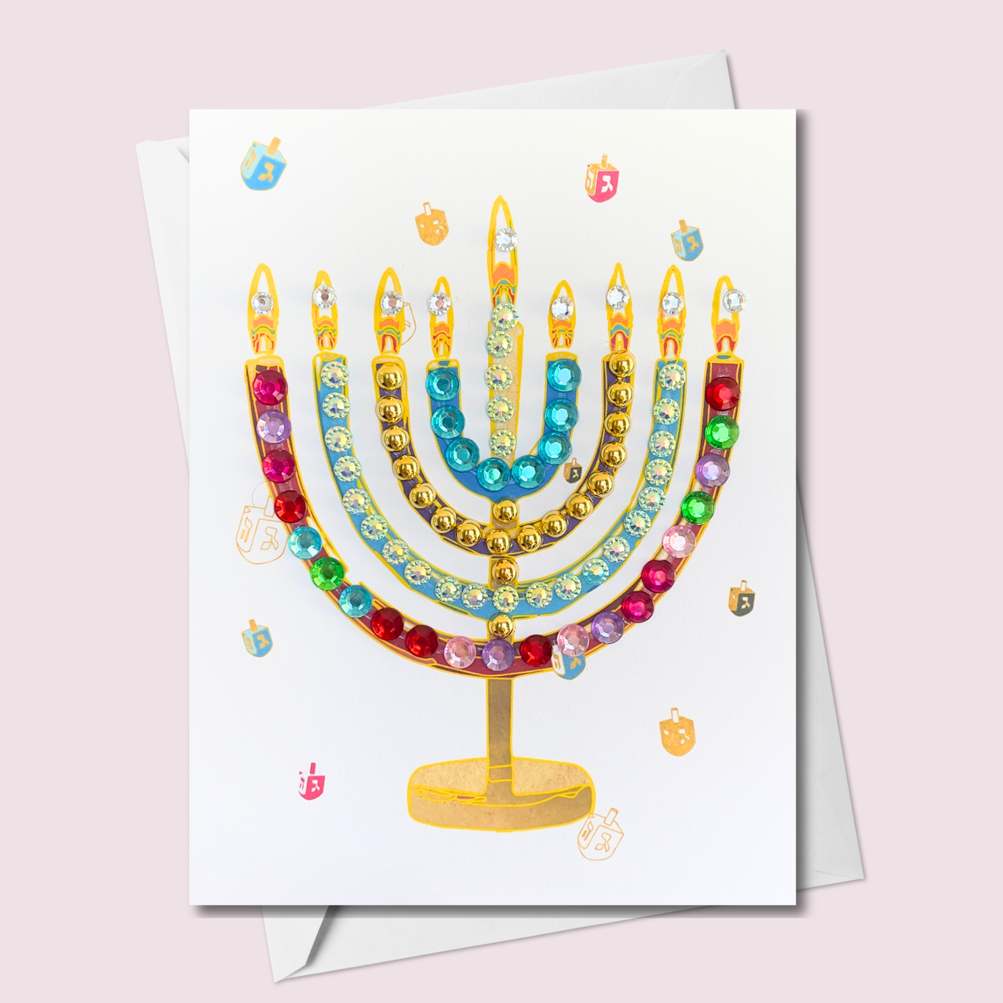Colourful Menorah with Dreidels Greeting Card