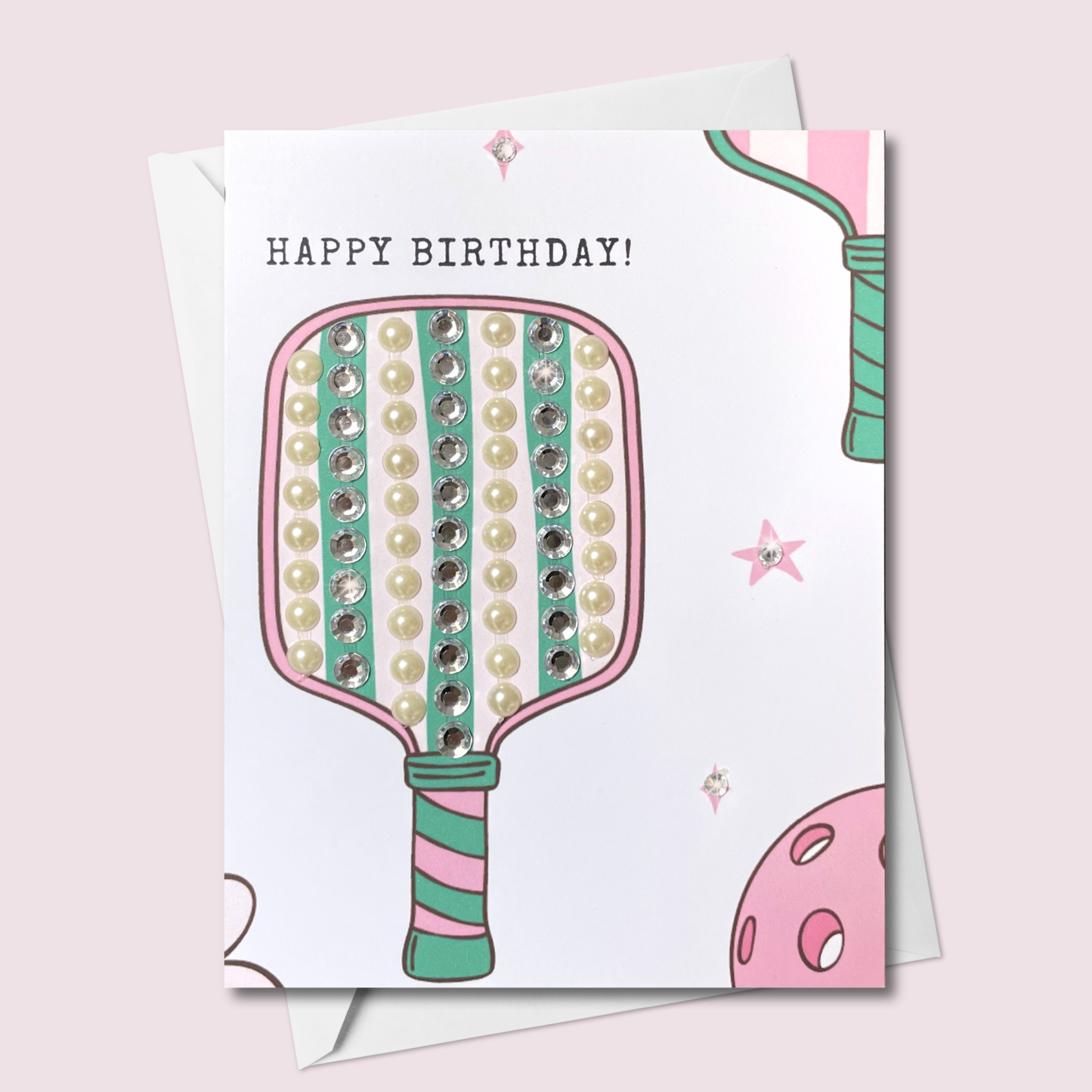 Pickleball Birthday Card – Happy Birthday Pickleball Card with Hand-Embellished Gems | Paddle Design | Blank Inside
