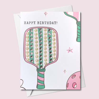 Pickleball Birthday Card – Happy Birthday Pickleball Card with Hand-Embellished Gems | Paddle Design | Blank Inside