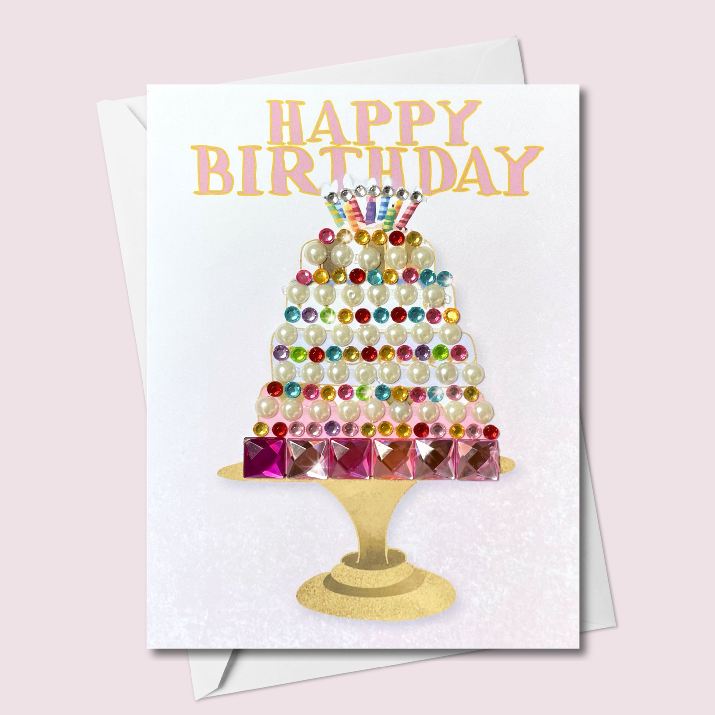 Happy Birthday Jewelled Cake Greeting Card – Pearls & Crystal Gems | Blank Inside | Made in Canada