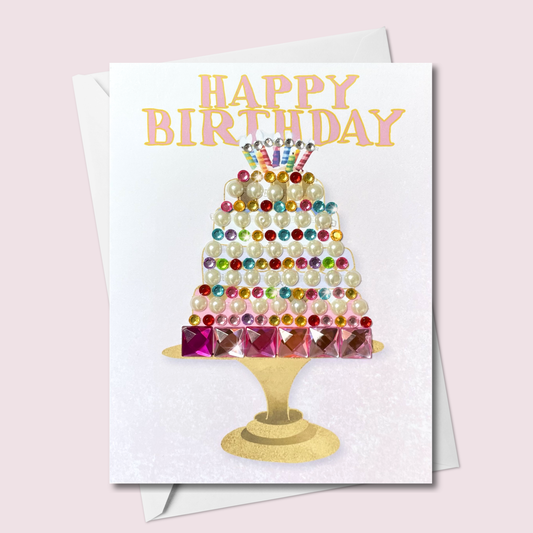 Happy Birthday Jewelled Cake Greeting Card – Pearls & Crystal Gems | Blank Inside | Made in Canada