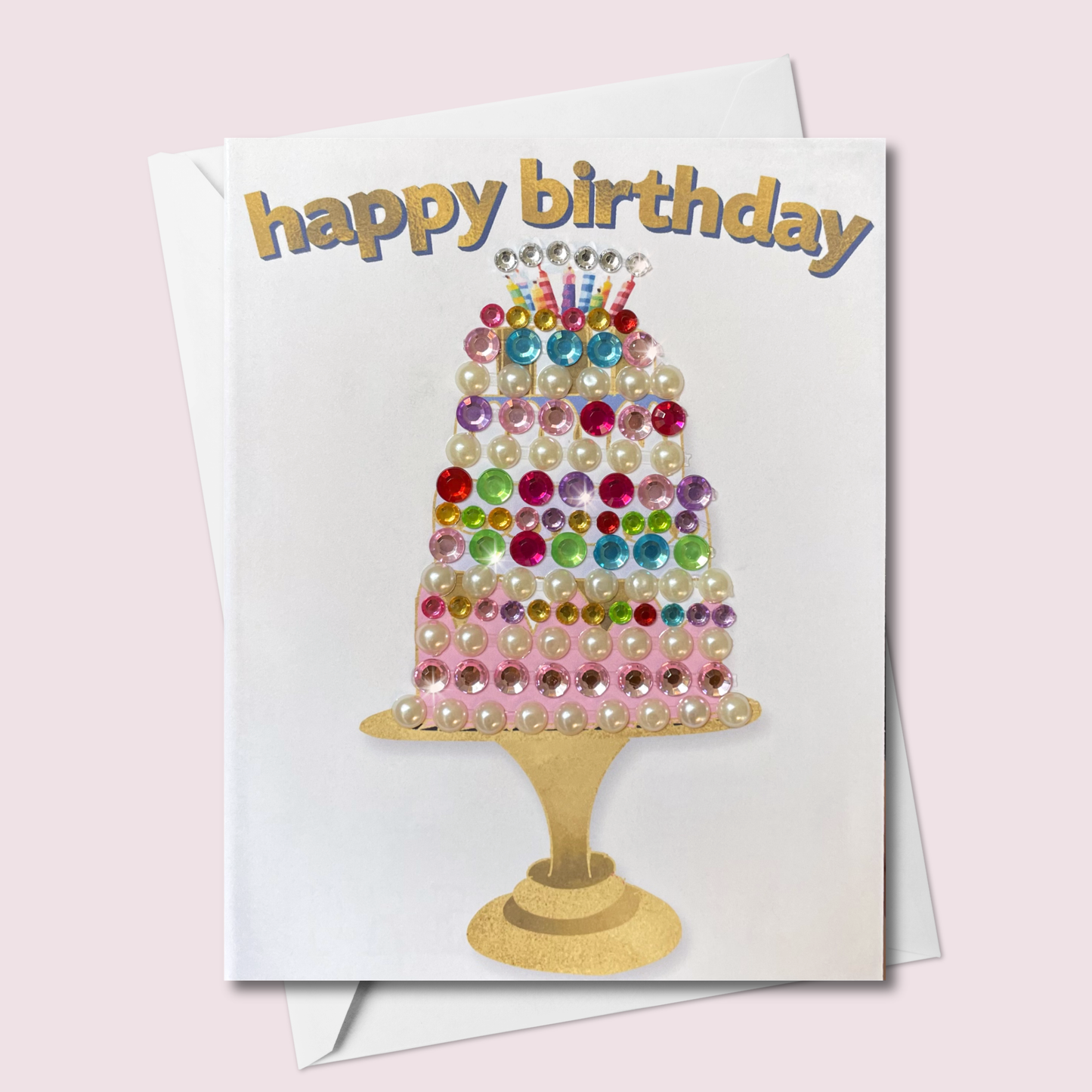 Happy Birthday Tiered Celebration Cake Card – Rainbow Gems & Pearls on Gold Stand | Blank Inside | Handmade in Canada