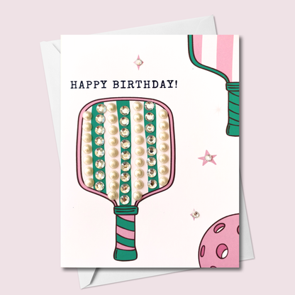 Pickleball Birthday Card – Happy Birthday Pickleball Card with Hand-Embellished Gems | Paddle Design | Blank Inside