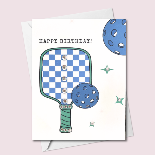 Happy Birthday Pickleball Paddle Greeting Card – Blue Checkered with Crystal Gems | Blank Inside | Handmade in Canada