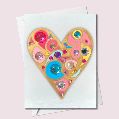 Whimsical Jewelled Blue Heart Greeting Card – Colourful Crystals, Pearls & Gold