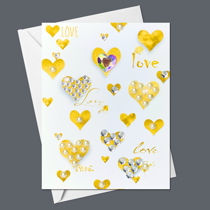Gold hearts and Love greeting card with hand-applied sparkling details