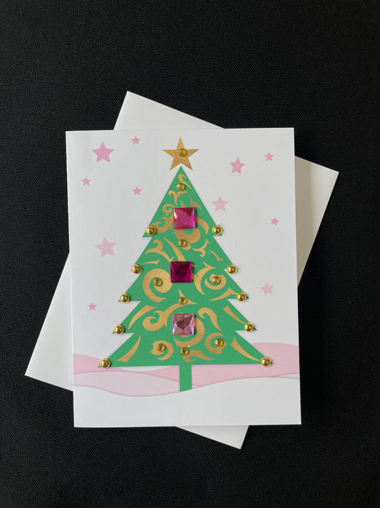 Green Christmas Tree Greeting Card with Gem Embellishments