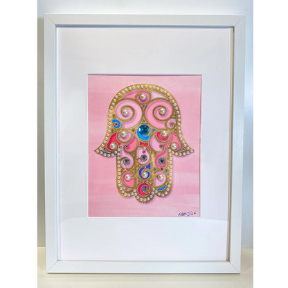 Pink Hamsa Wall Art Framed Print | Hand-Embellished Judaica Decor | Feminine Jewish Home Decor | 17” x 13” Ready to Hang