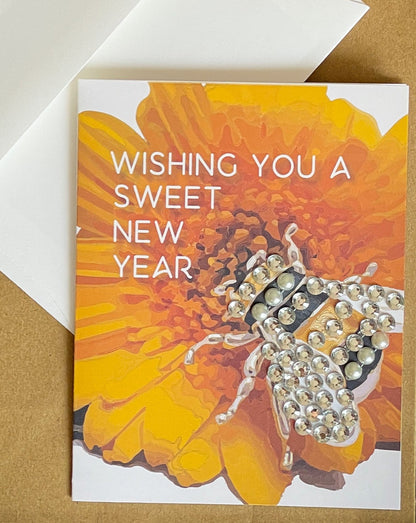 Rosh Hashanah bee greeting card with hand-applied sparkling details