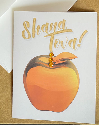 Shana Tova gold apple greeting card with hand-applied sparkling details