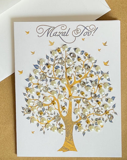 Mazal Tov Tree of Life greeting card in gold with hand-applied sparkling details