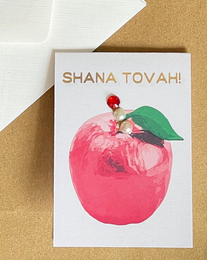 Mini Shana Tova red apple greeting card with hand-applied sparkling details