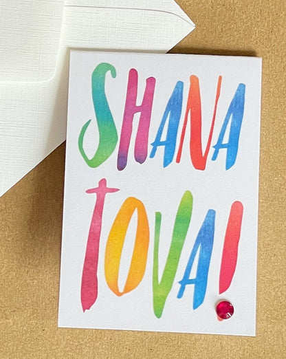 Mini Shana Tova colourful letters greeting card with hand-applied sparkling details