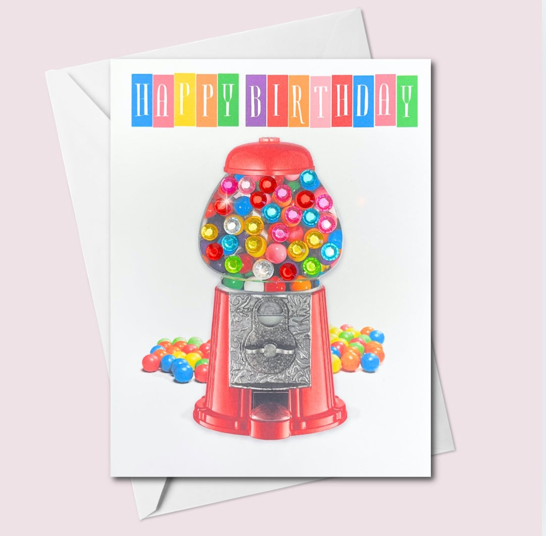 Whimsical gumball machine birthday card with colourful crystal gems and retro red candy machine