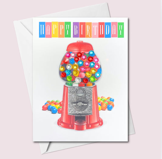 Whimsical gumball machine birthday card with colourful crystal gems and retro red candy machine