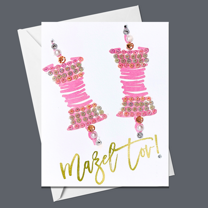 Mazel Tov pink scrolls greeting card with hand-applied sparkling details
