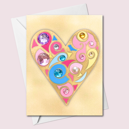 Whimsical jeweled heart greeting card with colourful pink blue and gold crystals pearls and rhinestones