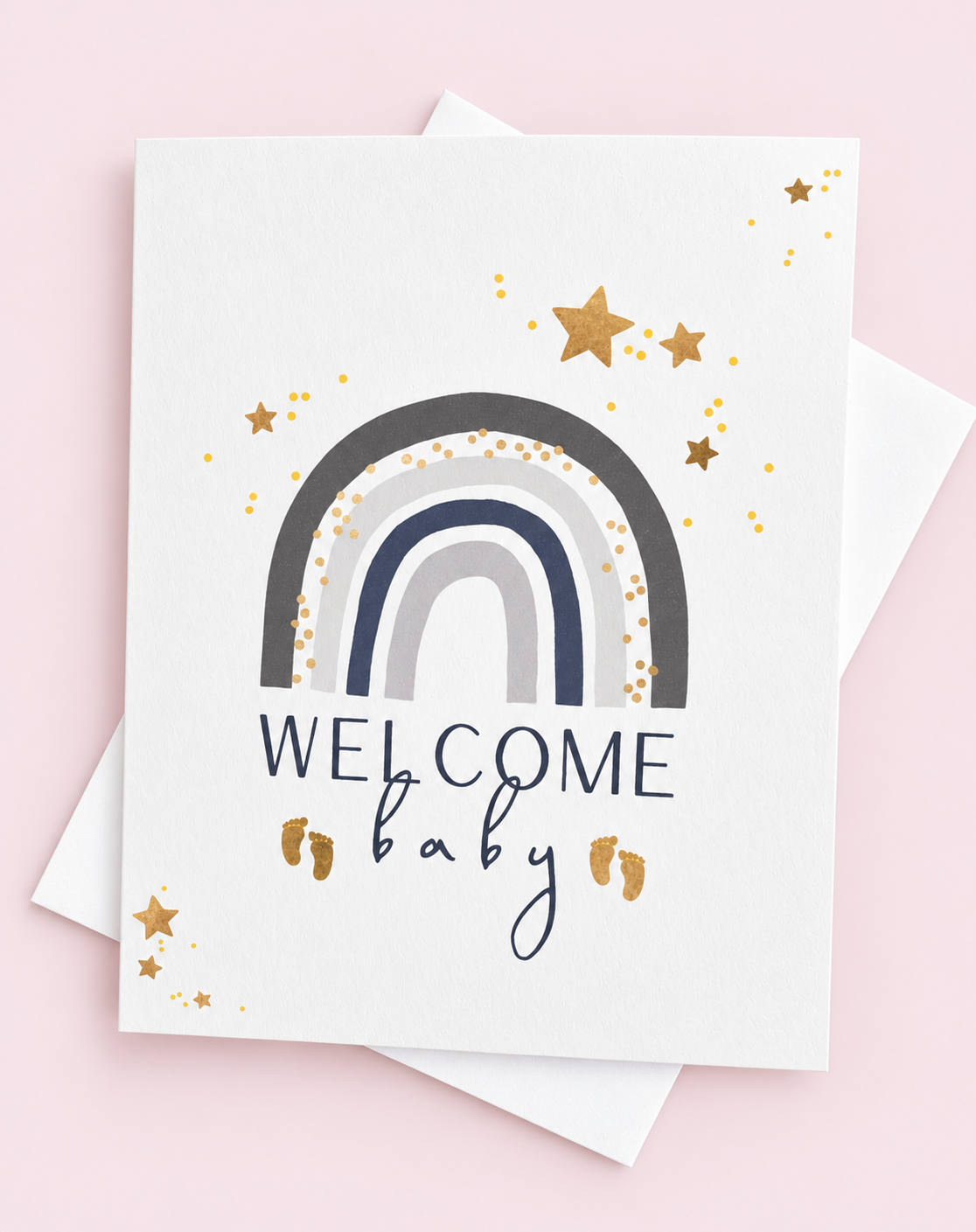 Welcome Baby Rainbow - Grey greeting card with its original design, shown with a white envelope on a pale pink background