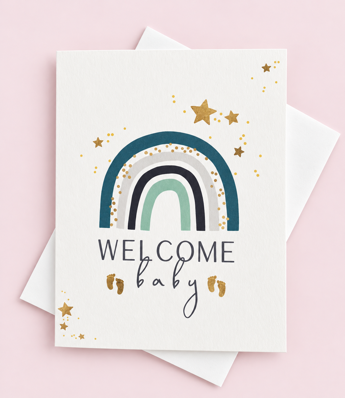 Welcome Baby Rainbow Card Blue greeting card with its original design, shown with a white envelope on a pale pink background