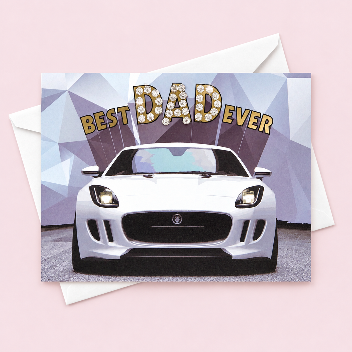 Best Dad Ever White Sports Car Greeting Card with white envelope on a pale pink background