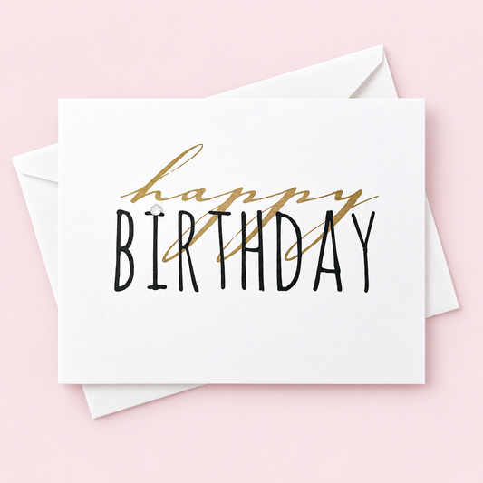 Black and Gold Happy Birthday Greeting Card with white envelope on a pale pink background