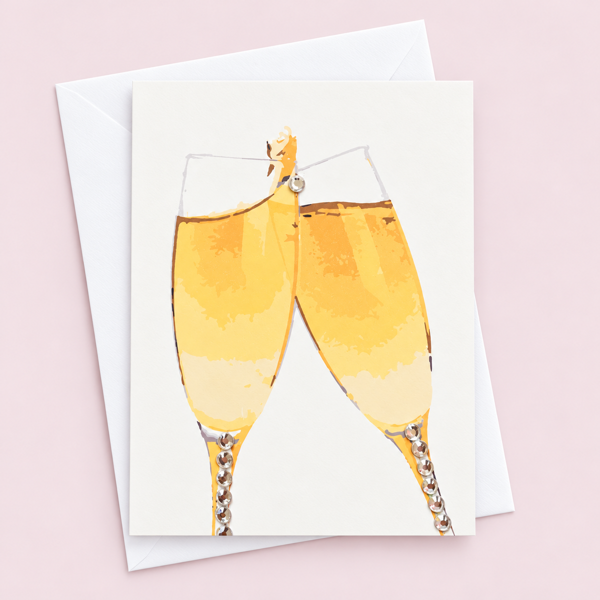 Champagne Cheers Greeting Card with white envelope on a pale pink background