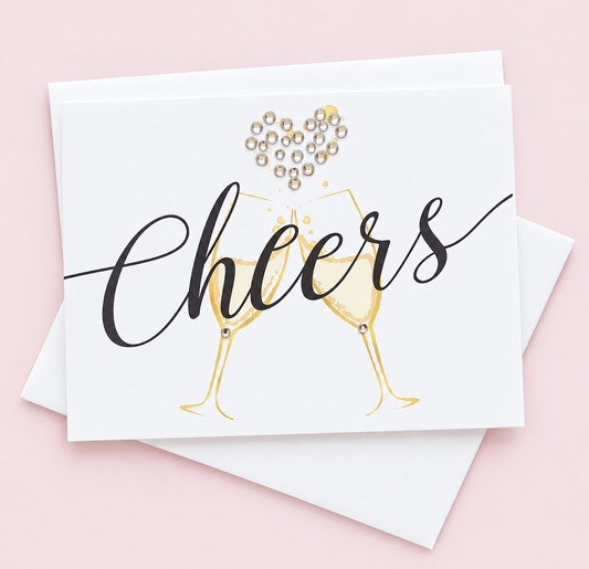 Cheers Champagne Greeting Card greeting card with its original design, shown with a white envelope on a pale pink background