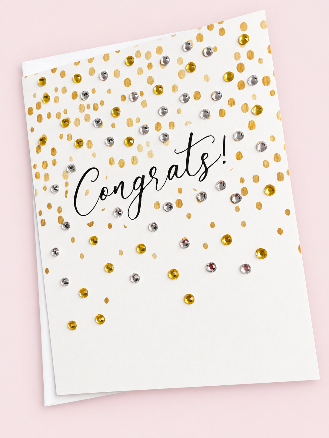 Congrats! greeting card with its original design, shown with a white envelope on a pale pink background