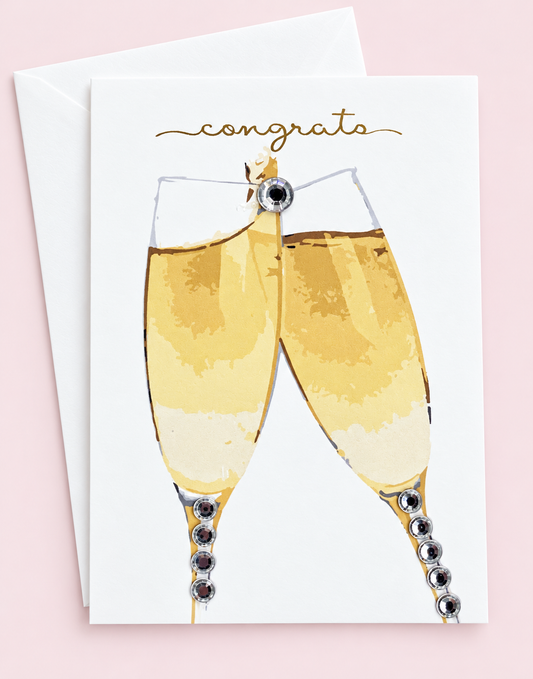 Congrats! Champagne Flutes Cheers - mini size greeting card with its original design, shown with a white envelope on a pale pink background