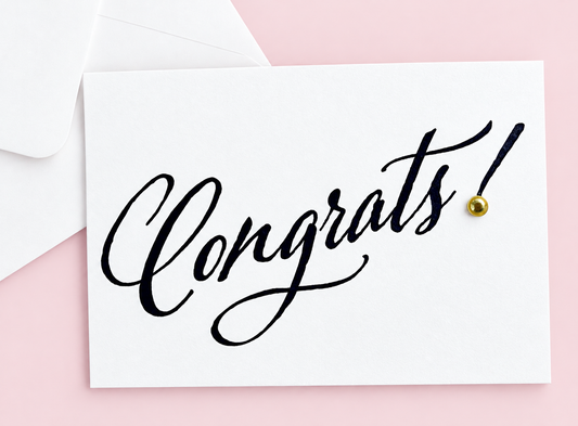 Congrats! Mini Size greeting card with its original design, shown with a white envelope on a pale pink background