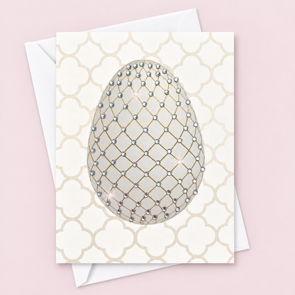 Faberge Style Easter Egg greeting card with its original design, shown with a white envelope on a pale pink background