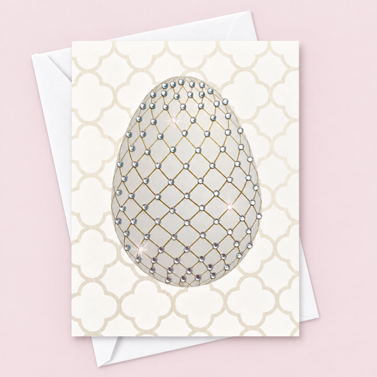 Faberge Style Easter Egg greeting card with its original design, shown with a white envelope on a pale pink background