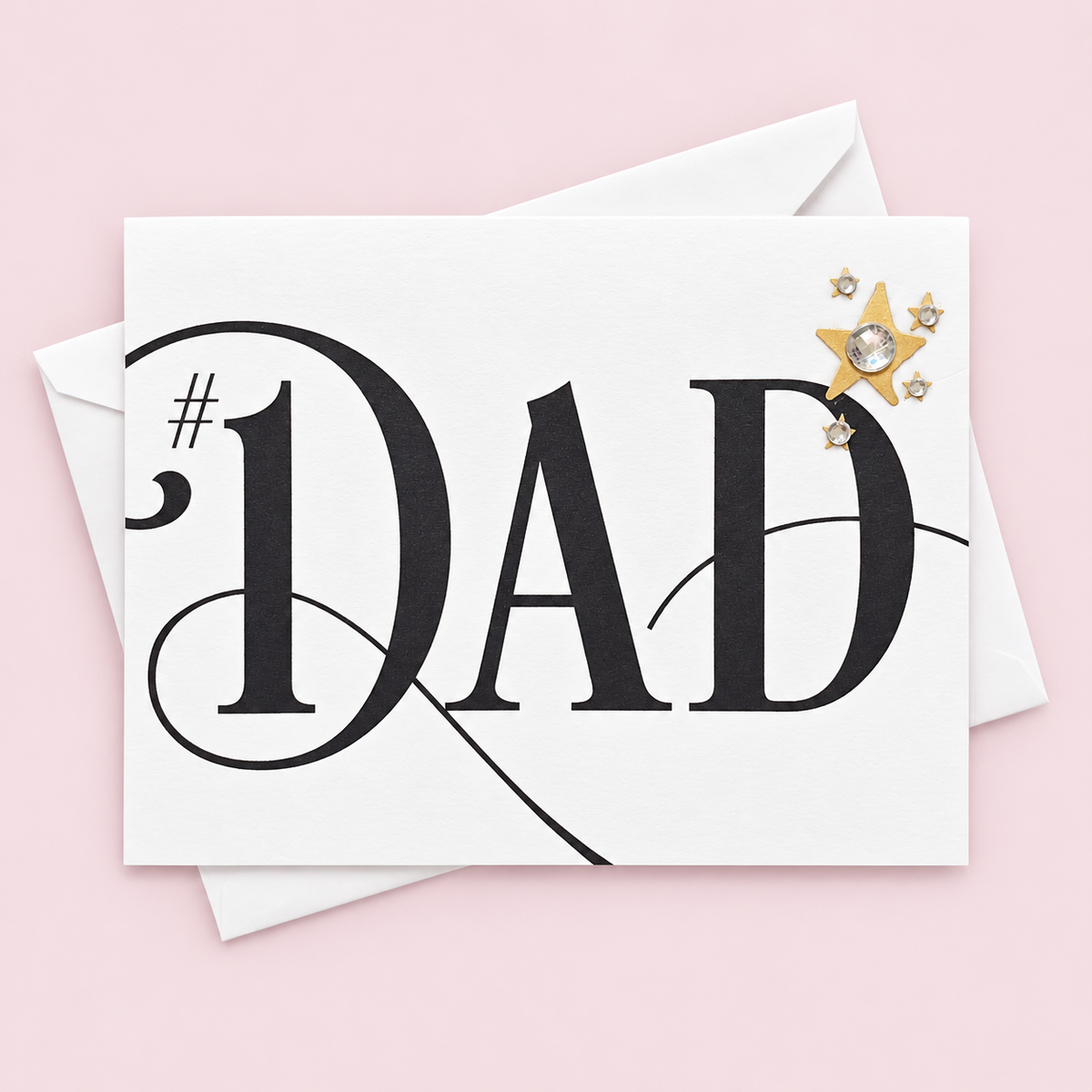 #1 Dad Father’s Day Card – Elegant Black & White Greeting Card with Star Accents | Handmade Card for Dad | Simple & Sophisticated Gift with a white envelope on a pale pink background