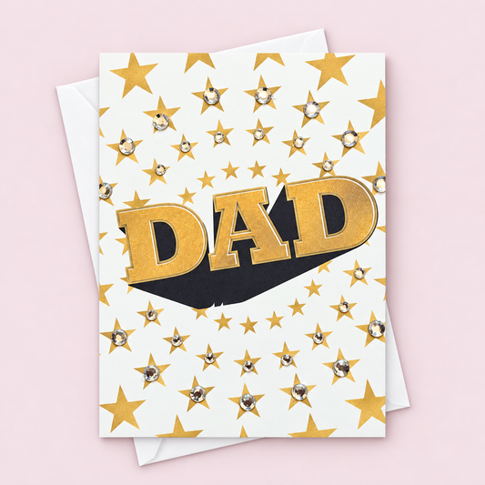 DAD Greeting Card – Gold Stars & Rhinestones | Blank Inside with white envelope on a pale pink background