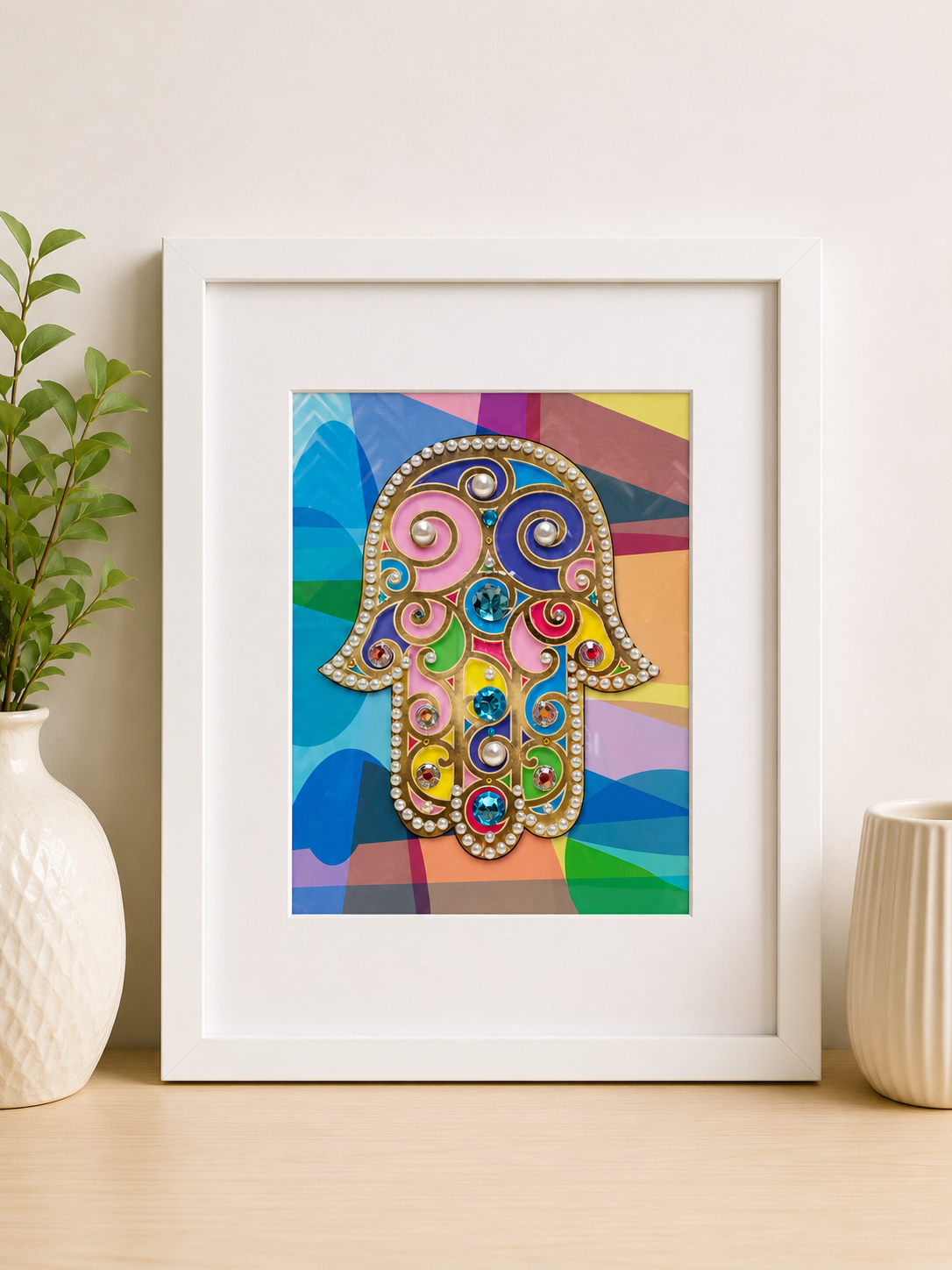 Colorful Hamsa Wall Art Framed Print | Hand-Embellished Judaica Decor | Ready to Hang Protection Wall Art | 17” x 13”