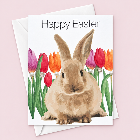 Easter Bunny greeting card with its original design, shown with a white envelope on a pale pink background