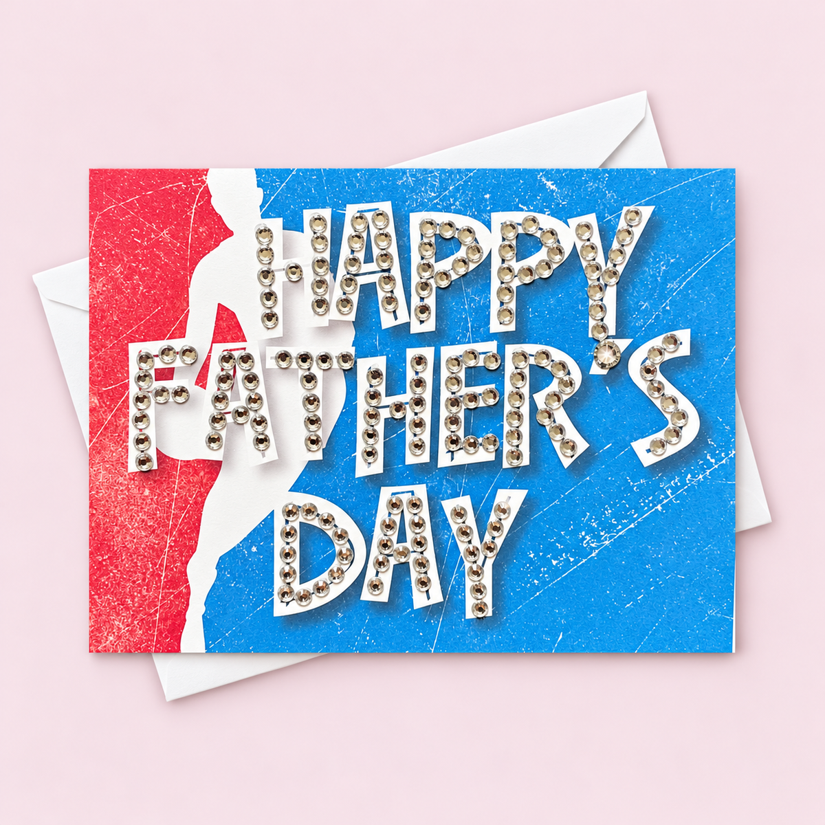 Father’s Day Sports Card – Bling Rhinestone Greeting Card for Dad | Basketball & Sports Lover Gift | Handmade Sparkle Card for Father’s Day greeting card with its original design, shown with a white envelope on a pale pink background