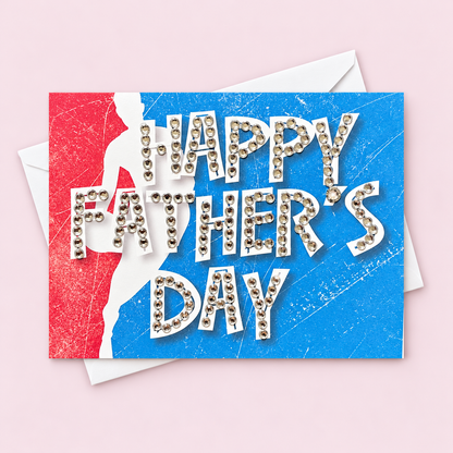 Father’s Day Sports Card – Bling Rhinestone Greeting Card for Dad | Basketball & Sports Lover Gift | Handmade Sparkle Card for Father’s Day greeting card with its original design, shown with a white envelope on a pale pink background