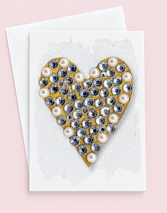 Gold Heart with Silver Watercolour Background - Mini Size greeting card with its original design, shown with a white envelope on a pale pink background